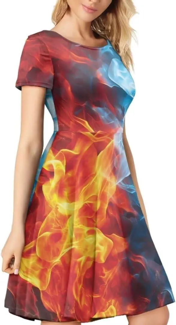 Youngerbaby Dress for Women Plus Size A-Line Swing Sundress Short Sleeve High Waist Party Midi Dress