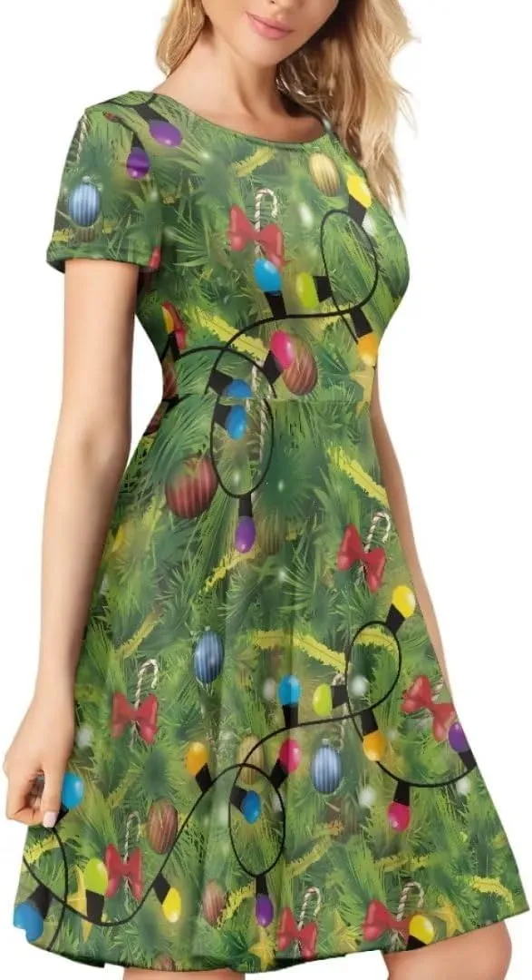 Youngerbaby Dress for Women Plus Size A-Line Swing Sundress Short Sleeve High Waist Party Midi Dress