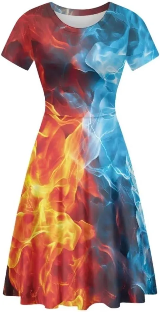 Youngerbaby Dress for Women Plus Size A-Line Swing Sundress Short Sleeve High Waist Party Midi Dress