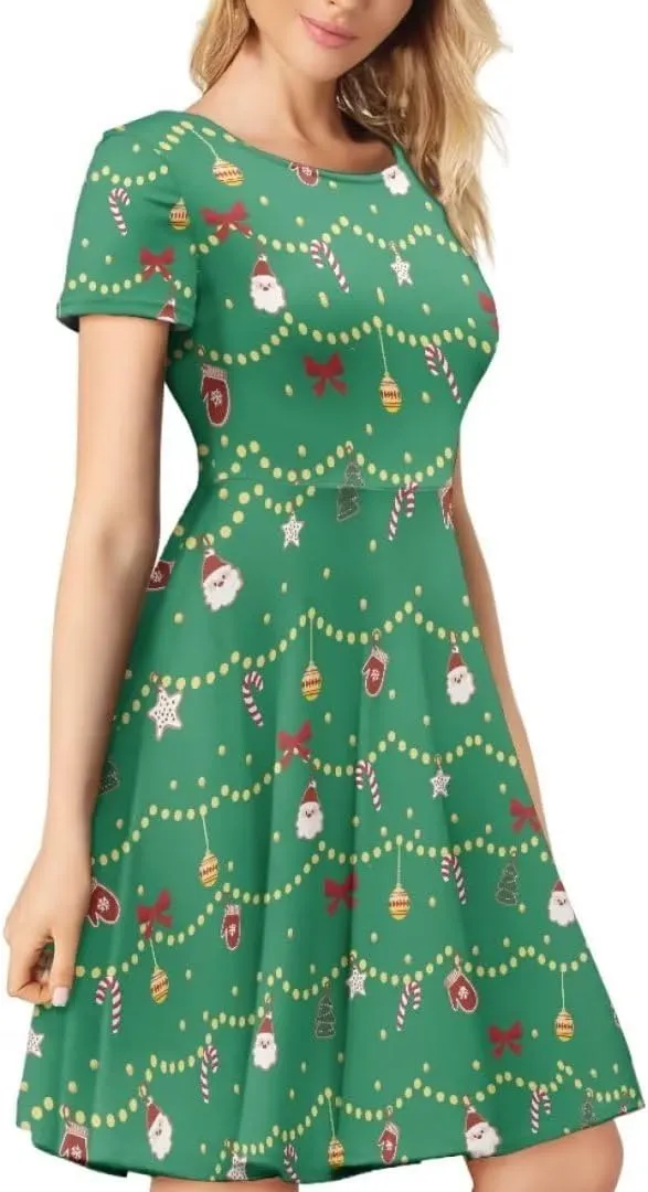 Youngerbaby Dress for Women Plus Size A-Line Swing Sundress Short Sleeve High Waist Party Midi Dress