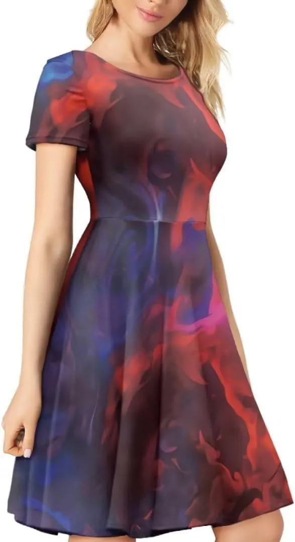 Youngerbaby Dress for Women Plus Size A-Line Swing Sundress Short Sleeve High Waist Party Midi Dress