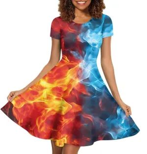 Youngerbaby Dress for Women Plus Size A-Line Swing Sundress Short Sleeve High Waist Party Midi Dress