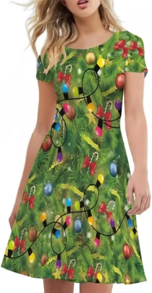 Youngerbaby Dress for Women Plus Size A-Line Swing Sundress Short Sleeve High Waist Party Midi Dress