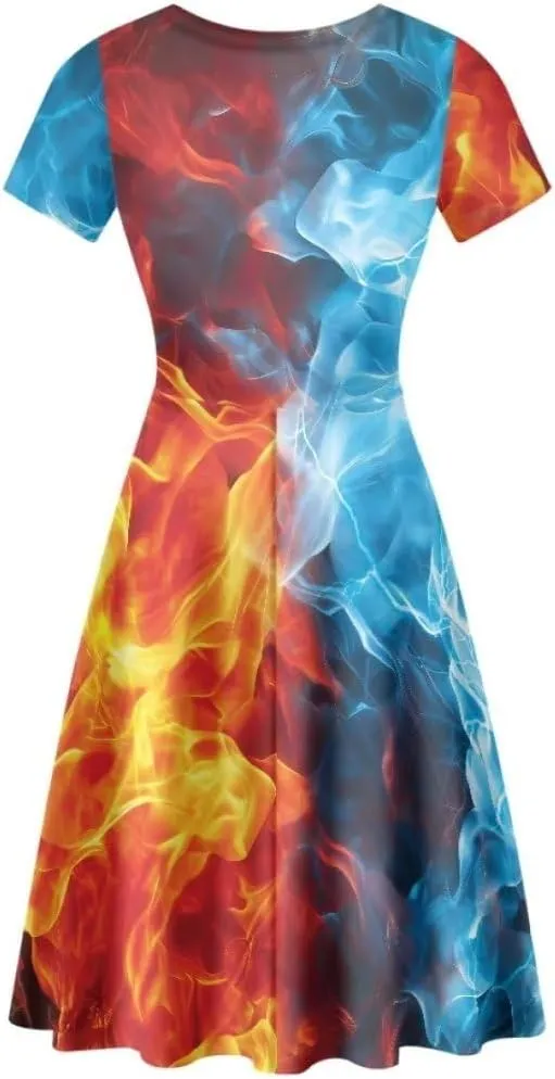 Youngerbaby Dress for Women Plus Size A-Line Swing Sundress Short Sleeve High Waist Party Midi Dress