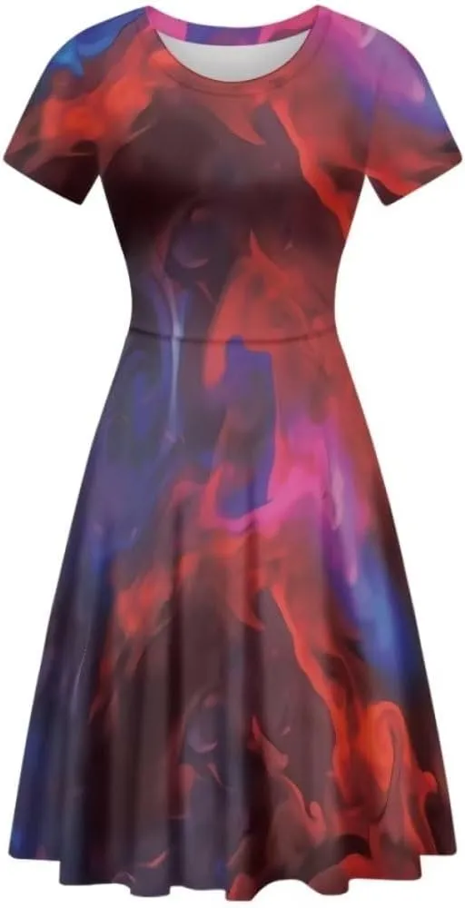Youngerbaby Dress for Women Plus Size A-Line Swing Sundress Short Sleeve High Waist Party Midi Dress