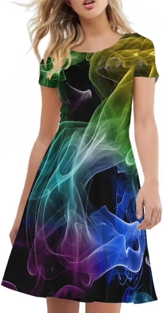 Youngerbaby Dress for Women Plus Size A-Line Swing Sundress Short Sleeve High Waist Party Midi Dress