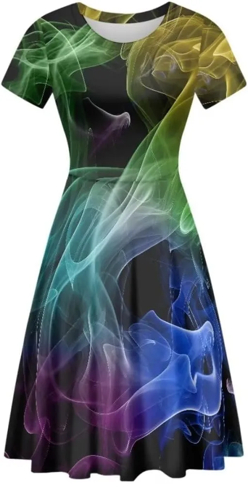 Youngerbaby Dress for Women Plus Size A-Line Swing Sundress Short Sleeve High Waist Party Midi Dress