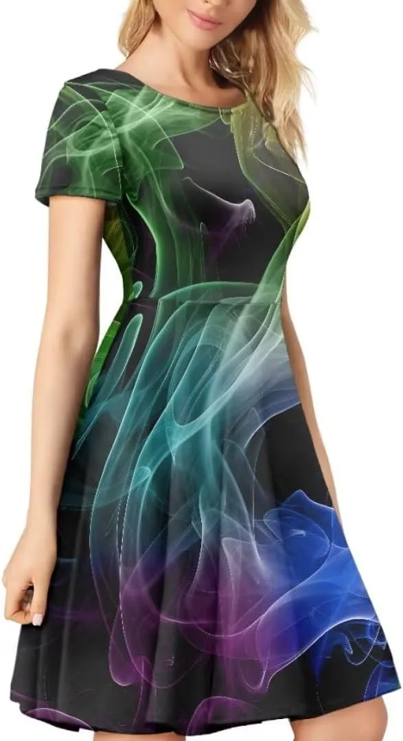 Youngerbaby Dress for Women Plus Size A-Line Swing Sundress Short Sleeve High Waist Party Midi Dress