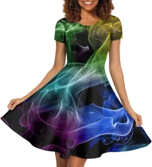 Youngerbaby Dress for Women Plus Size A-Line Swing Sundress Short Sleeve High Waist Party Midi Dress