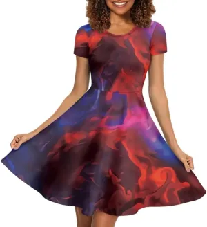 Youngerbaby Dress for Women Plus Size A-Line Swing Sundress Short Sleeve High Waist Party Midi Dress