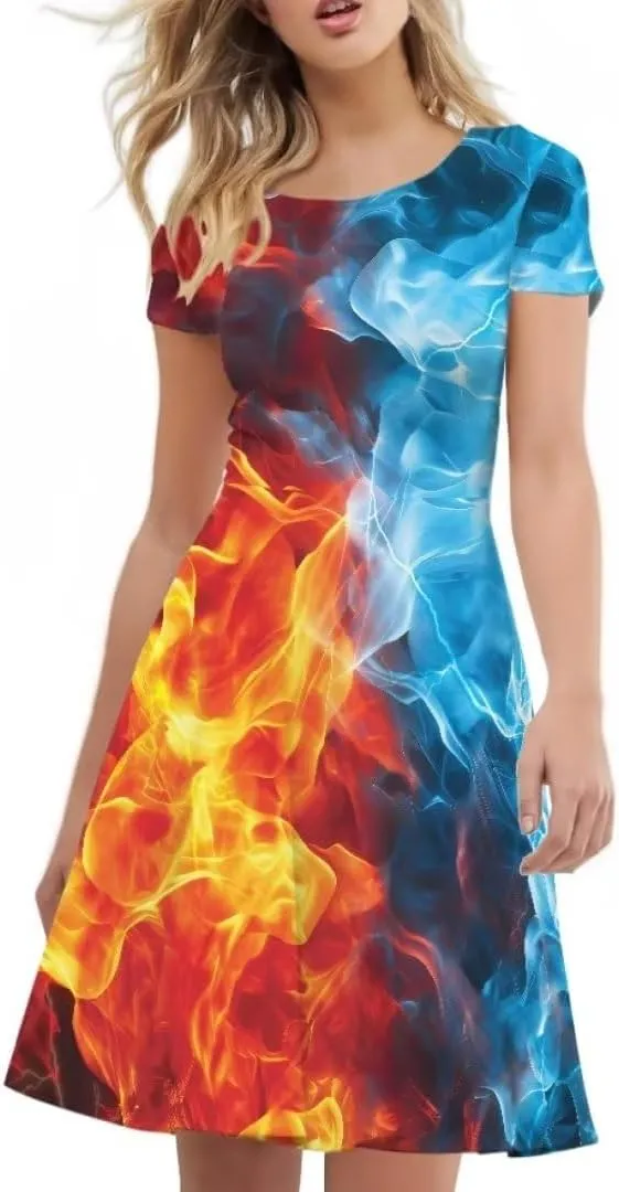 Youngerbaby Dress for Women Plus Size A-Line Swing Sundress Short Sleeve High Waist Party Midi Dress