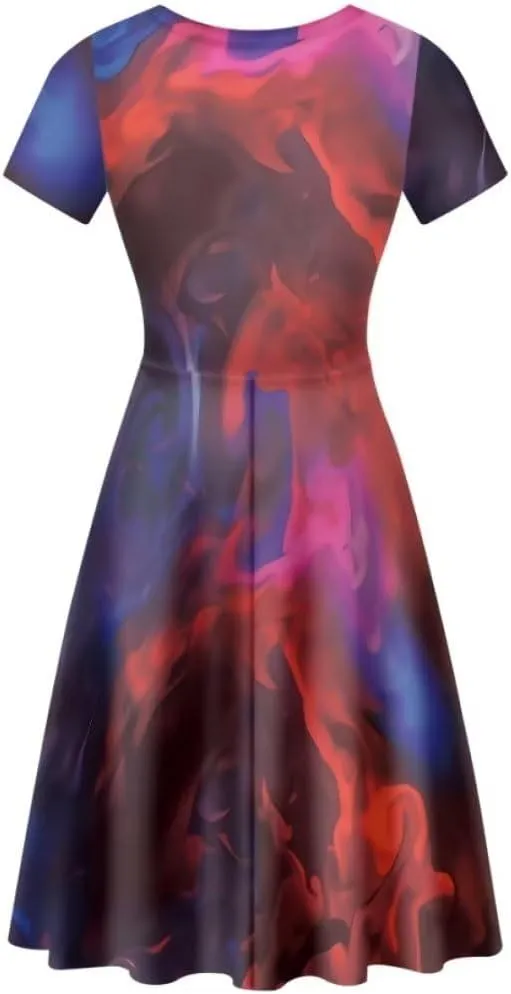 Youngerbaby Dress for Women Plus Size A-Line Swing Sundress Short Sleeve High Waist Party Midi Dress