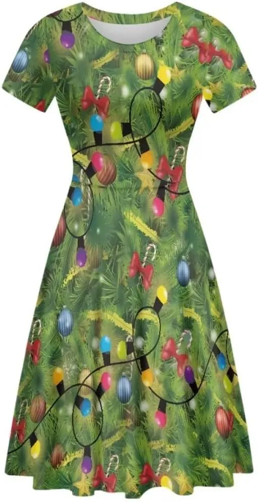 Youngerbaby Dress for Women Plus Size A-Line Swing Sundress Short Sleeve High Waist Party Midi Dress