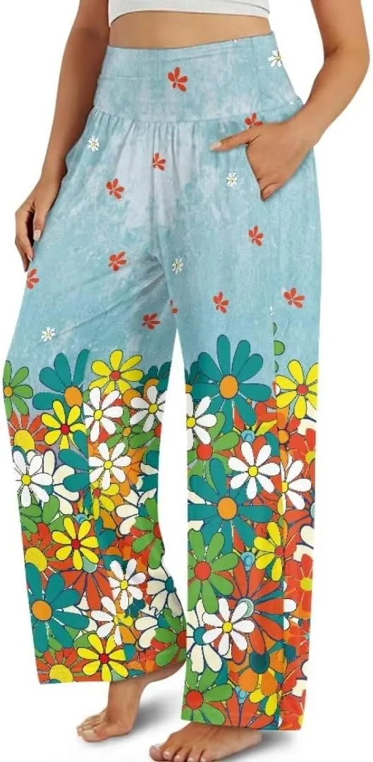 Yuuxorilu Womens Wide Leg Palazzo Pants Casual High Waist Flowy Trousers Loose Lounge Pant with Pockets