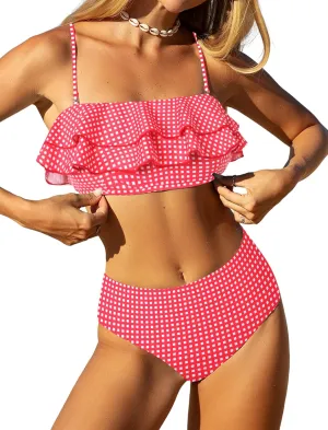 ZAFUL Layered Ruffle Bikini for Women High Waisted Bikini Sets Spaghetti Bandeau Swimsuits Padded Bathing Suit
