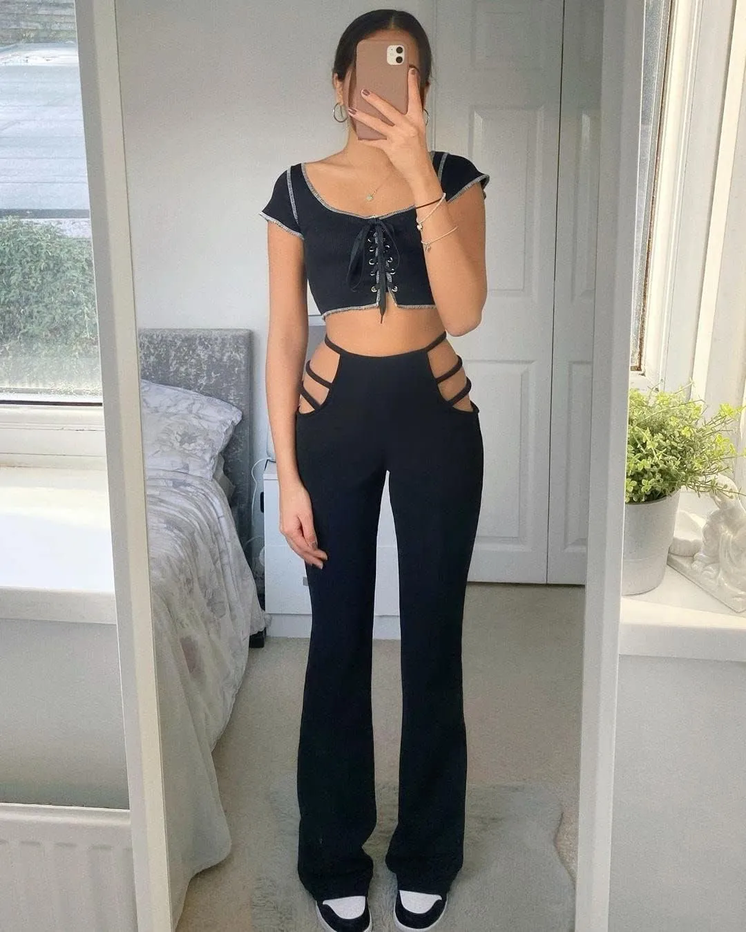 ZAFUL Women's High Waist Cut Out Ladder Bootcut Textured Flare Wide Leg Night Out Pants