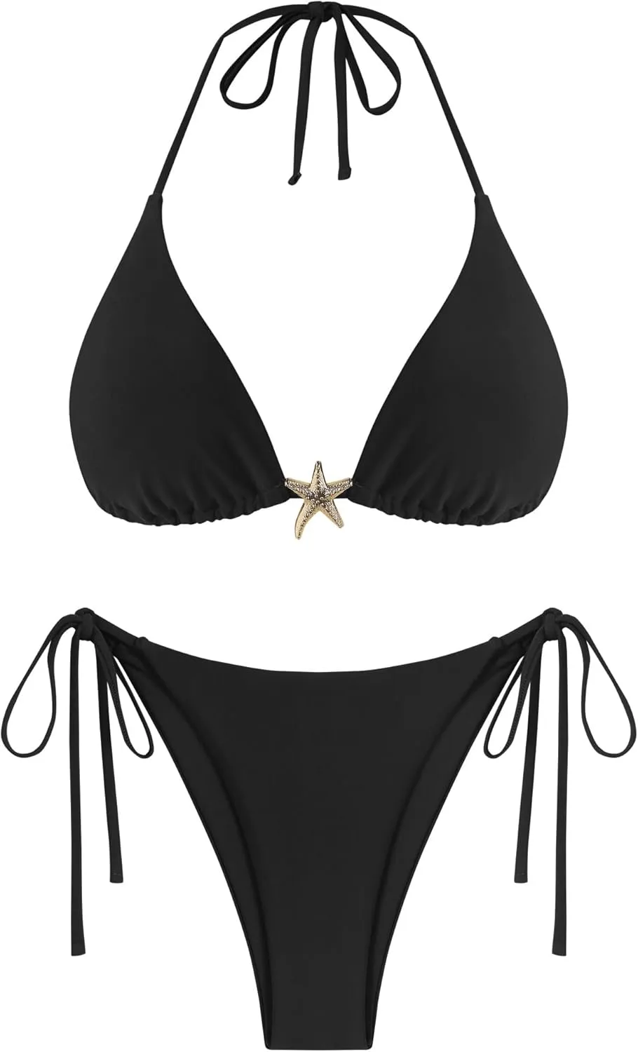 ZAFUL Women's Sexy Halter Bikini Sets Beads Tie Side Solid Triangle Thong Swimsuit Two Piece Cheeky Bathing Suits