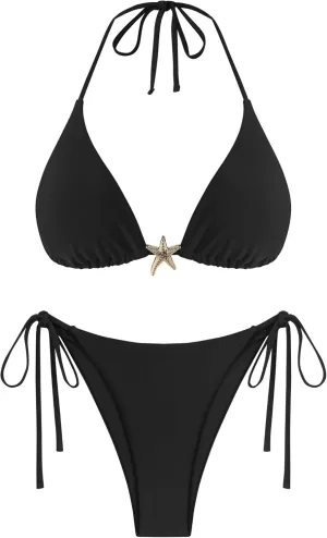 ZAFUL Women's Sexy Halter Bikini Sets Beads Tie Side Solid Triangle Thong Swimsuit Two Piece Cheeky Bathing Suits