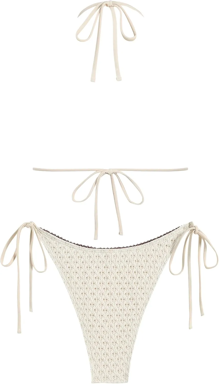 ZAFUL Women's Sexy Halter Bikini Sets Bow Decor Tiny Floral Print Bikini Swimsuits Tie Side Triangle Bathing Suits