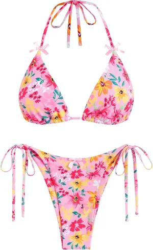 ZAFUL Women's Sexy Halter Bikini Sets Bow Decor Tiny Floral Print Bikini Swimsuits Tie Side Triangle Bathing Suits