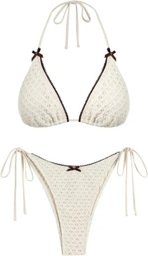 ZAFUL Women's Sexy Halter Bikini Sets Bow Decor Tiny Floral Print Bikini Swimsuits Tie Side Triangle Bathing Suits