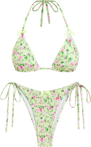 ZAFUL Women's Sexy Halter Bikini Sets Bow Decor Tiny Floral Print Bikini Swimsuits Tie Side Triangle Bathing Suits
