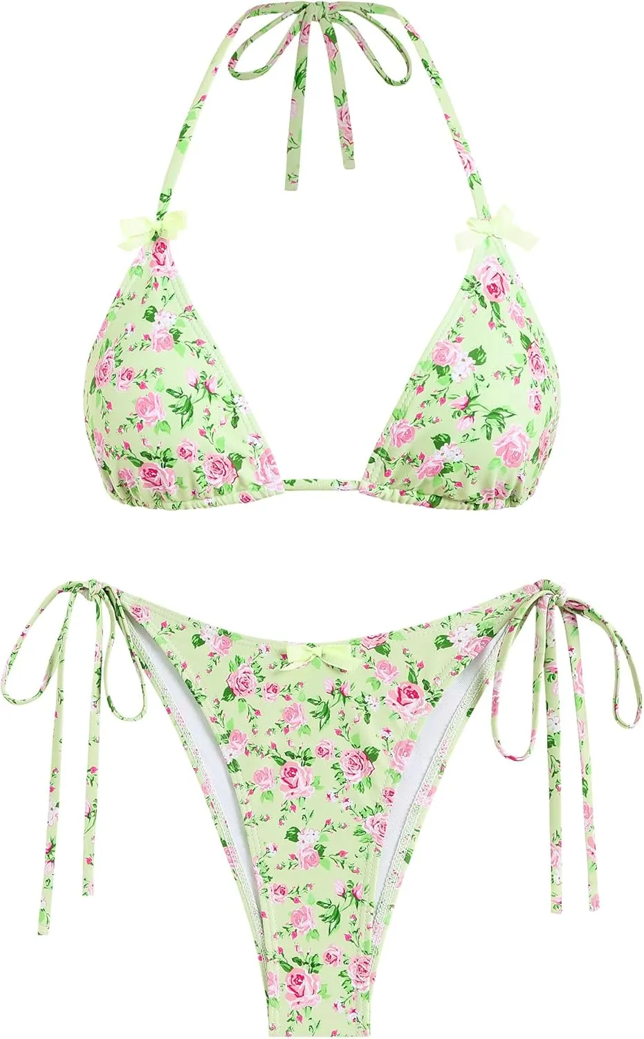 ZAFUL Women's Sexy Halter Bikini Sets Bow Decor Tiny Floral Print Bikini Swimsuits Tie Side Triangle Bathing Suits