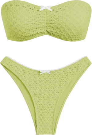 ZAFUL Women's Strapless Bikini Openwork Textured Bow Ruched Lace Up High Cut Bandeau Swimsuit Bathing Suits