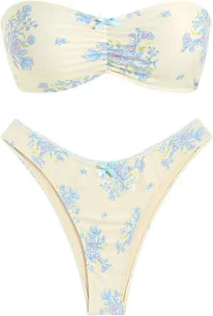 ZAFUL Women's Strapless Bikini Openwork Textured Bow Ruched Lace Up High Cut Bandeau Swimsuit Bathing Suits
