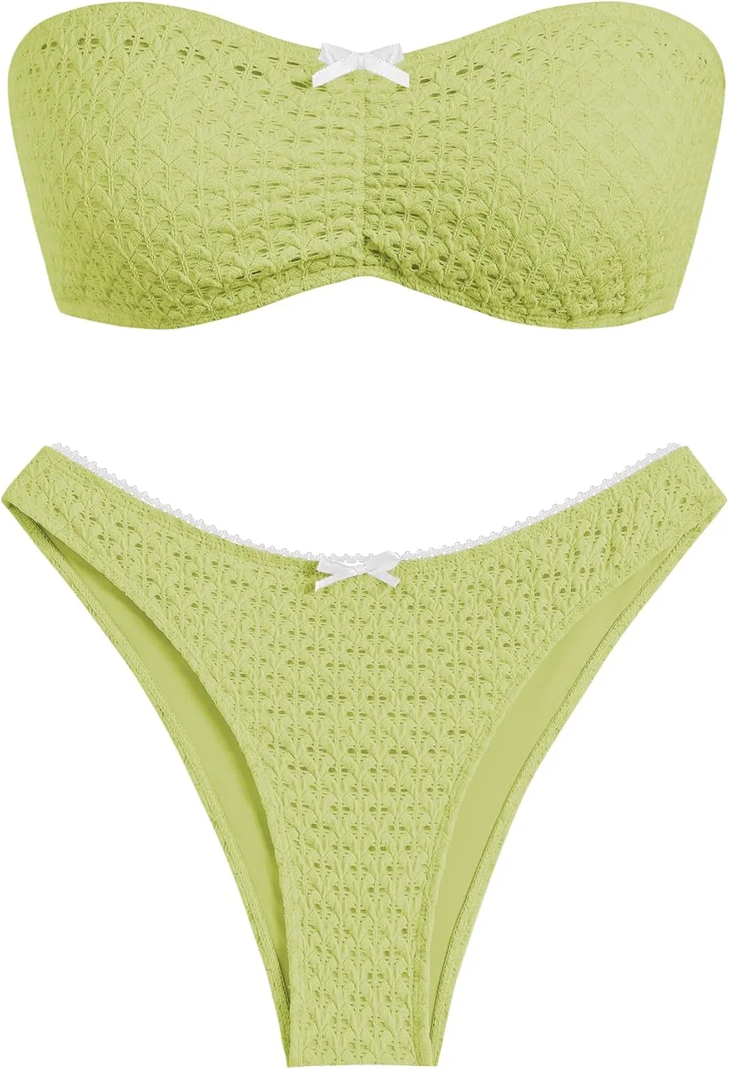 ZAFUL Women's Strapless Bikini Openwork Textured Bow Ruched Lace Up High Cut Bandeau Swimsuit Bathing Suits