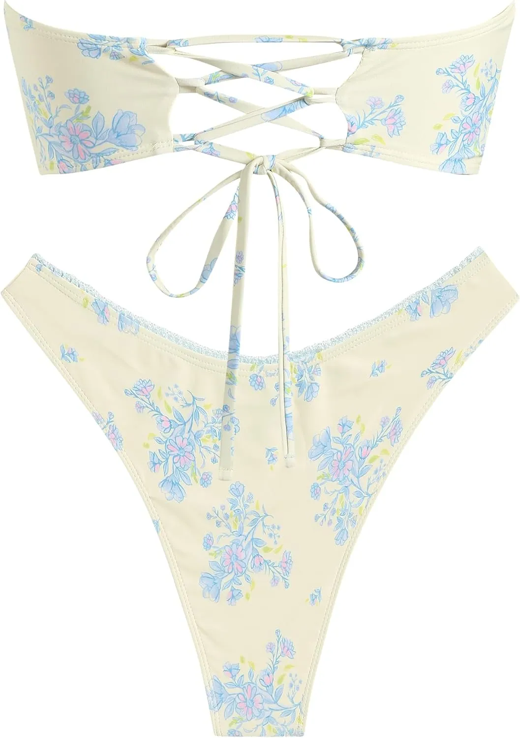 ZAFUL Women's Strapless Bikini Openwork Textured Bow Ruched Lace Up High Cut Bandeau Swimsuit Bathing Suits