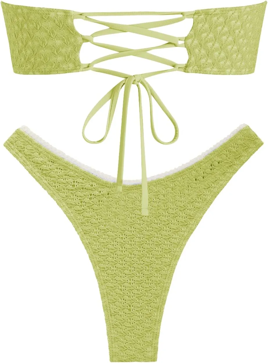 ZAFUL Women's Strapless Bikini Openwork Textured Bow Ruched Lace Up High Cut Bandeau Swimsuit Bathing Suits
