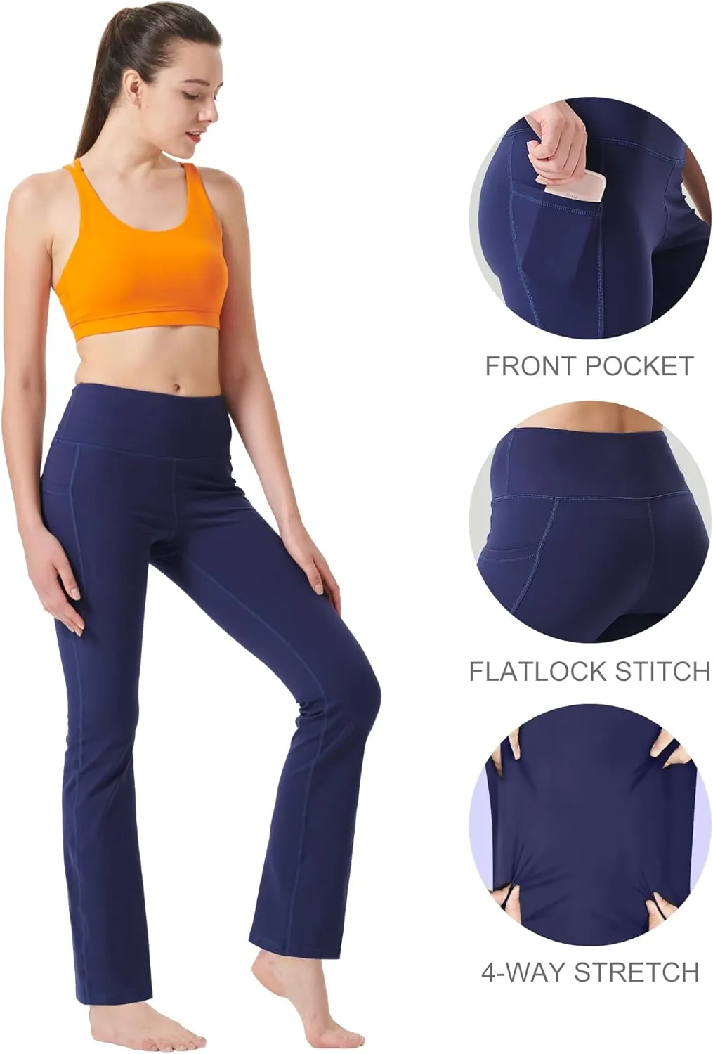 Zeronic Women's High Waist Bootcut Yoga Pants with Pockets Tummy Control Workout Running Pants Long Bootleg Flare Pants